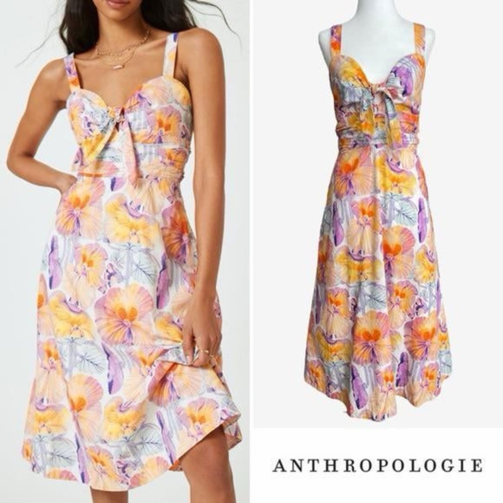 Anthropologie Yellow & Purple Floral Tie-Front Midi Dress